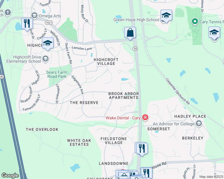 map of restaurants, bars, coffee shops, grocery stores, and more near 105 Silverado Trail in Cary