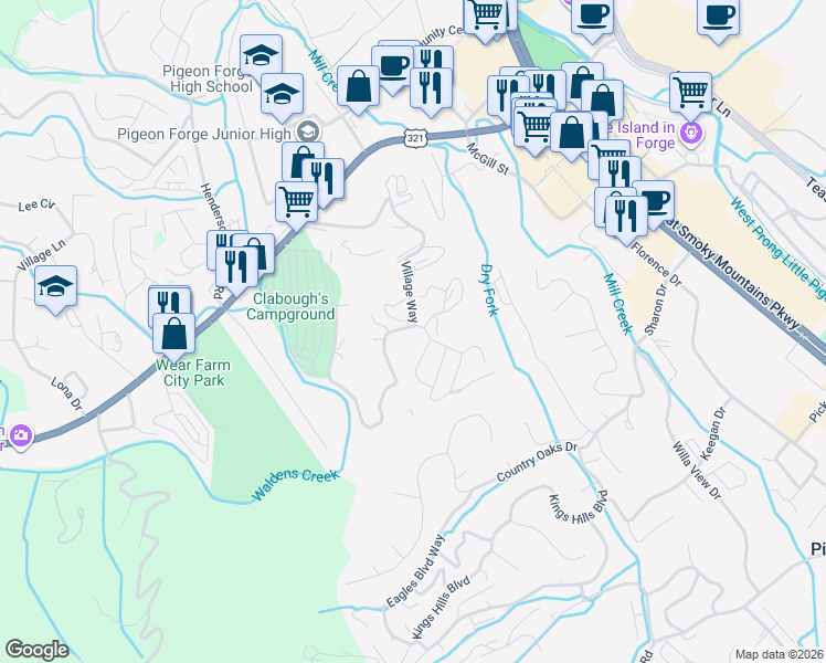 map of restaurants, bars, coffee shops, grocery stores, and more near 329 Silver Stone Way in Pigeon Forge