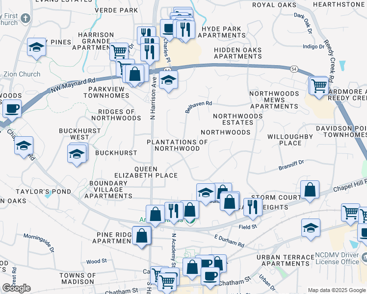 map of restaurants, bars, coffee shops, grocery stores, and more near 804 Belhaven Road in Cary