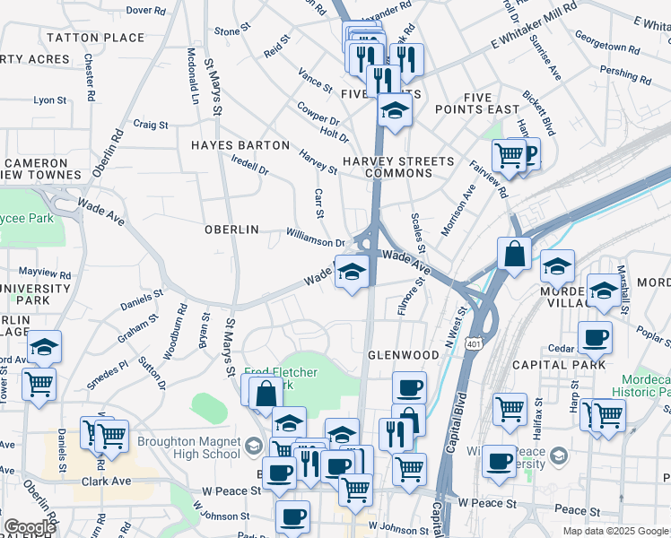 map of restaurants, bars, coffee shops, grocery stores, and more near 520 Wade Avenue in Raleigh