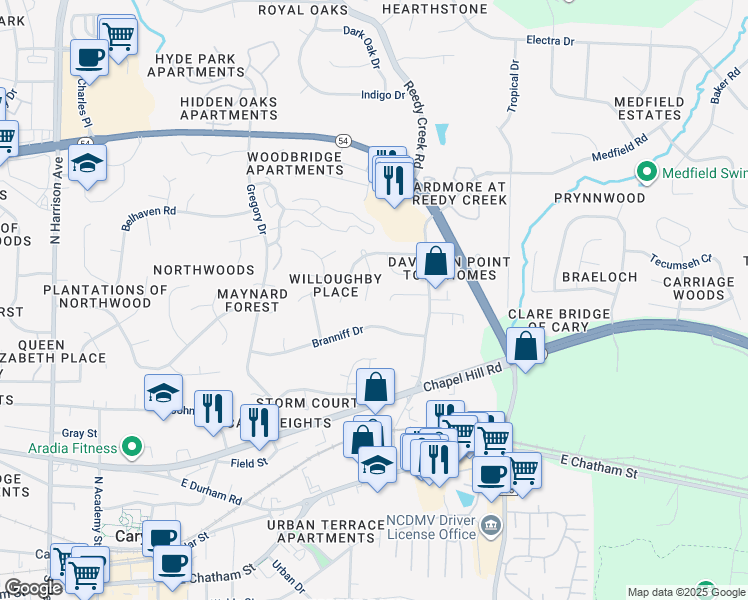 map of restaurants, bars, coffee shops, grocery stores, and more near 113 Hilary Place in Cary