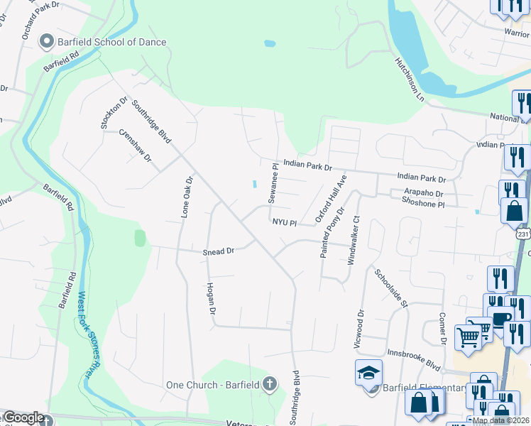 map of restaurants, bars, coffee shops, grocery stores, and more near 2728 Sewanee Place in Murfreesboro
