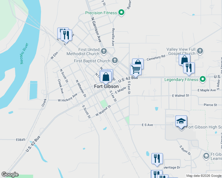 map of restaurants, bars, coffee shops, grocery stores, and more near in Fort Gibson