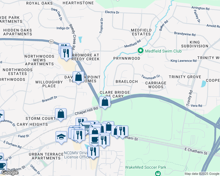 map of restaurants, bars, coffee shops, grocery stores, and more near 303 Duxbury Drive in Cary