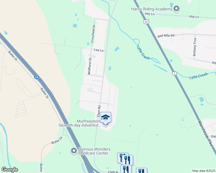 map of restaurants, bars, coffee shops, grocery stores, and more near 2525 Elam Road in Murfreesboro
