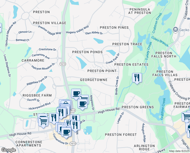 map of restaurants, bars, coffee shops, grocery stores, and more near 209 Council Gap Court in Cary