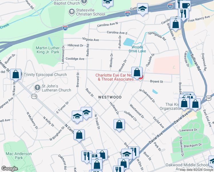 map of restaurants, bars, coffee shops, grocery stores, and more near 611 Woods Drive in Statesville