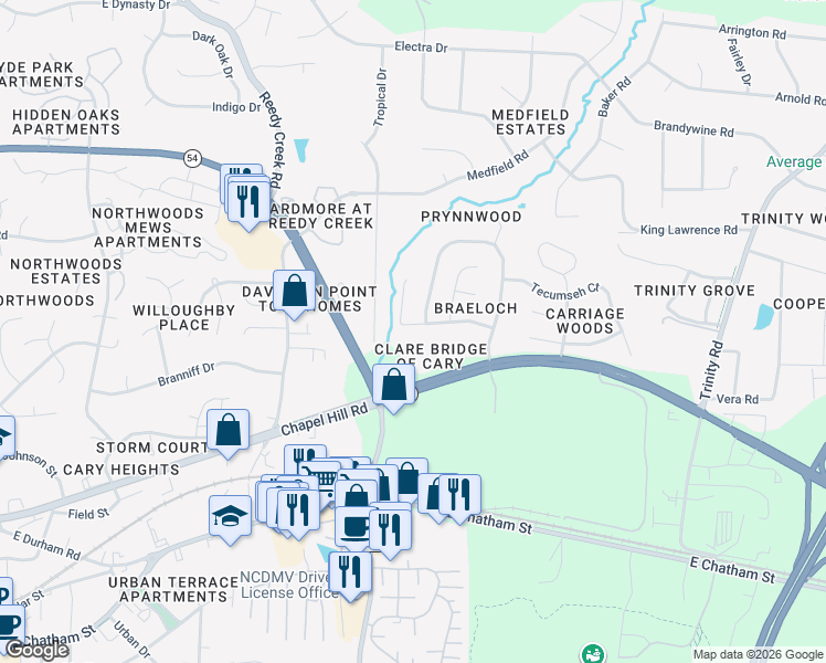 map of restaurants, bars, coffee shops, grocery stores, and more near 303 Duxbury Drive in Cary