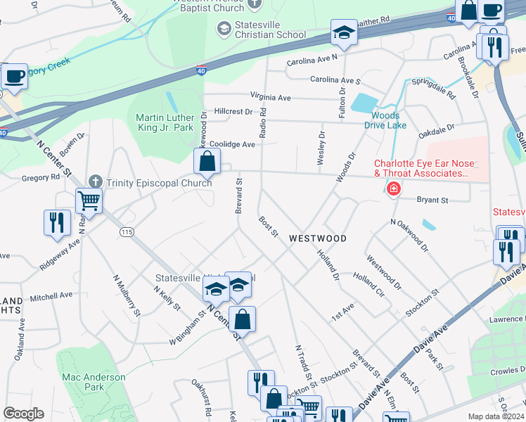 map of restaurants, bars, coffee shops, grocery stores, and more near 658 Bost Street in Statesville