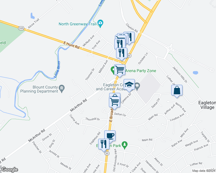 map of restaurants, bars, coffee shops, grocery stores, and more near 2747 East Broadway Avenue in Maryville