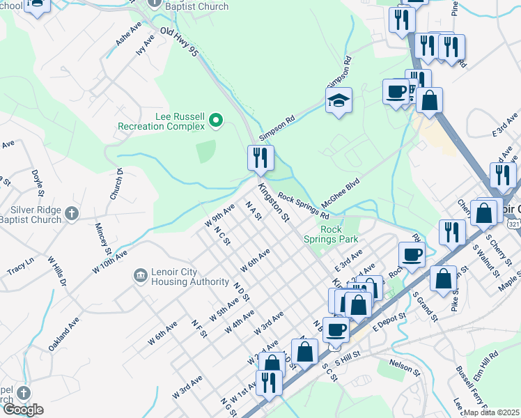 map of restaurants, bars, coffee shops, grocery stores, and more near 901 North A Street in Lenoir City
