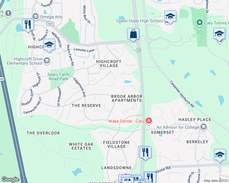 map of restaurants, bars, coffee shops, grocery stores, and more near 105 Silverado Trail in Cary
