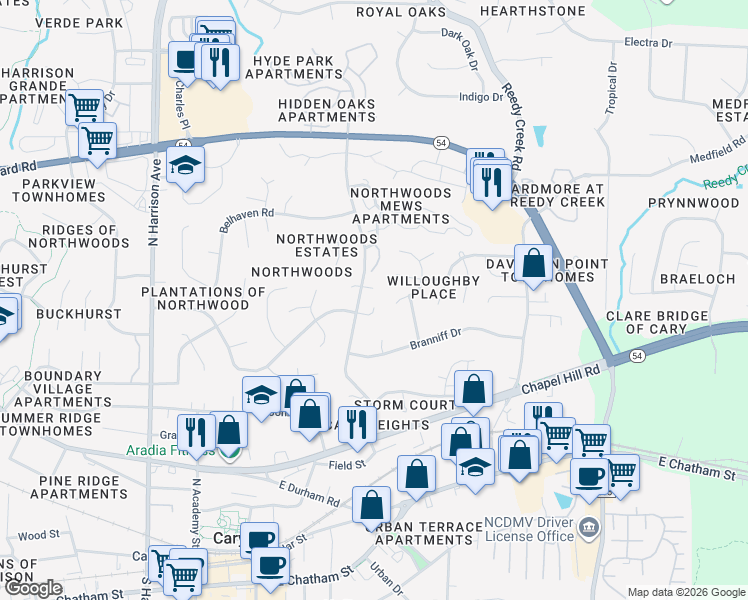 map of restaurants, bars, coffee shops, grocery stores, and more near 100 Bristol Bay Court in Cary