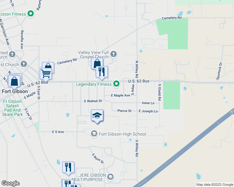 map of restaurants, bars, coffee shops, grocery stores, and more near 1106 East Maple Avenue in Fort Gibson
