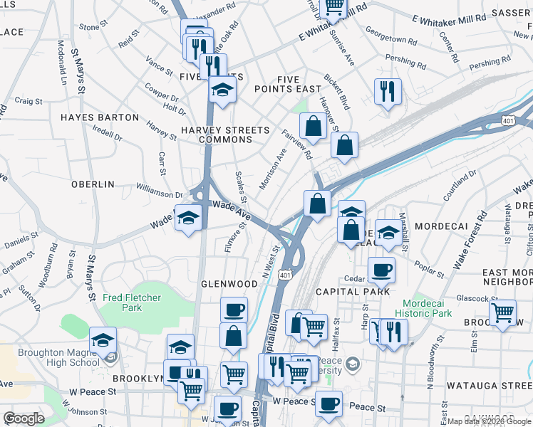 map of restaurants, bars, coffee shops, grocery stores, and more near 423 Bickett Boulevard in Raleigh