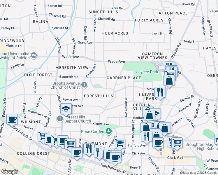 map of restaurants, bars, coffee shops, grocery stores, and more near 900 Canterbury Road in Raleigh
