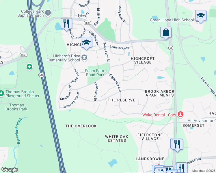 map of restaurants, bars, coffee shops, grocery stores, and more near 109 Ballatore Court in Cary