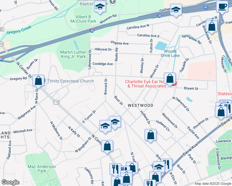 map of restaurants, bars, coffee shops, grocery stores, and more near 658 Bost Street in Statesville