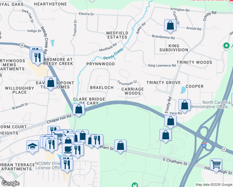 map of restaurants, bars, coffee shops, grocery stores, and more near 210 Minden Lane in Raleigh