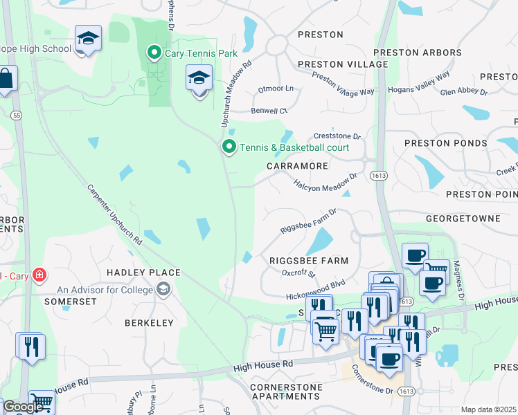 map of restaurants, bars, coffee shops, grocery stores, and more near 103 Wooded Hill Way in Cary
