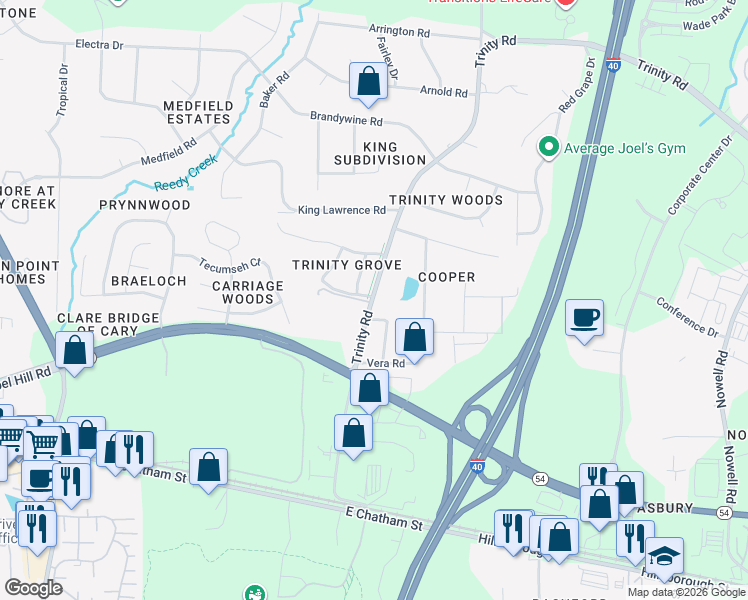 map of restaurants, bars, coffee shops, grocery stores, and more near 1332 Trinity Road in Raleigh