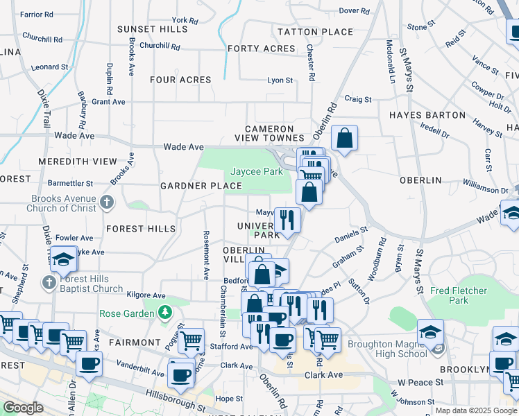 map of restaurants, bars, coffee shops, grocery stores, and more near 2304 Mayview Road in Raleigh