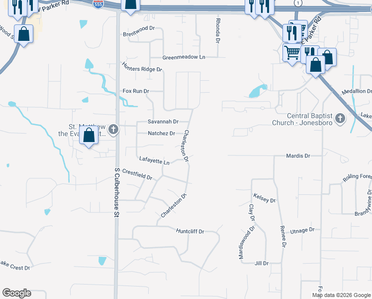 map of restaurants, bars, coffee shops, grocery stores, and more near 3700 Charleston Drive in Jonesboro