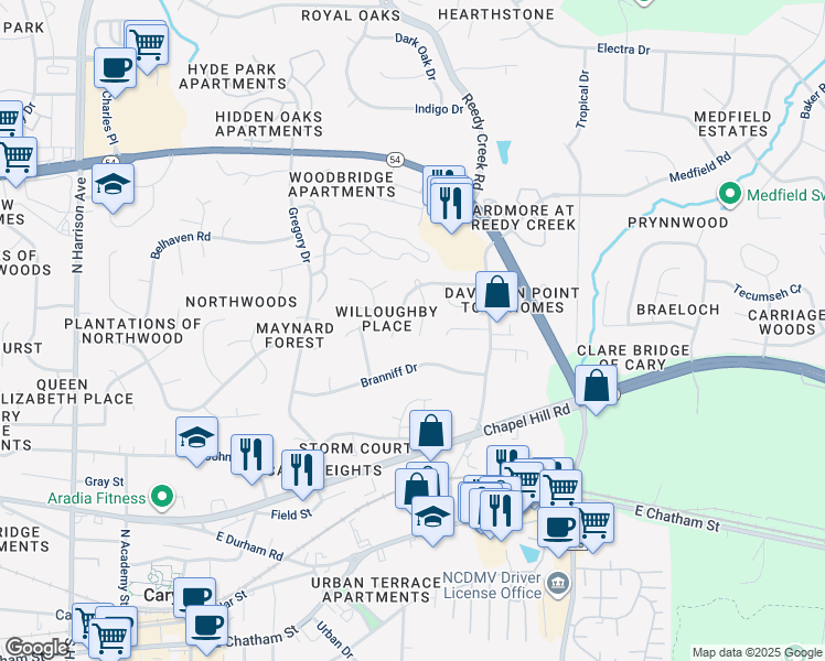 map of restaurants, bars, coffee shops, grocery stores, and more near 110 Hilary Place in Cary