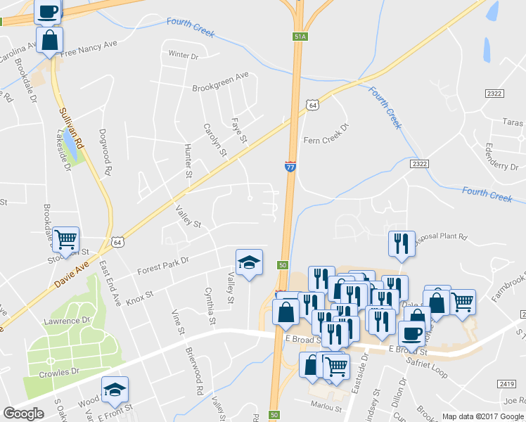 map of restaurants, bars, coffee shops, grocery stores, and more near 864 Impala Drive in Statesville