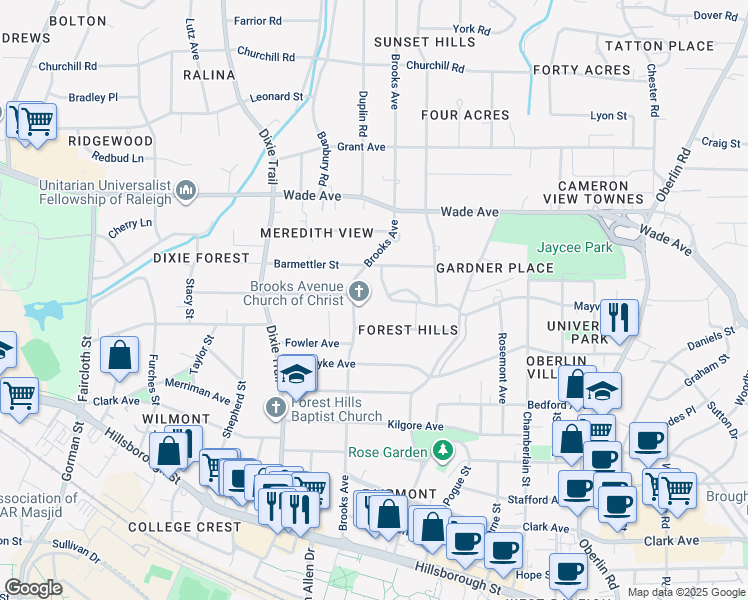 map of restaurants, bars, coffee shops, grocery stores, and more near 718 Brooks Avenue in Raleigh