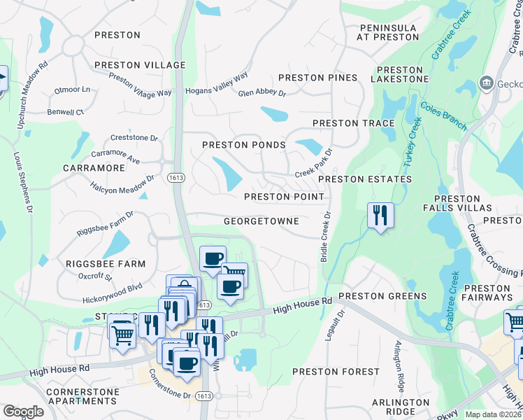 map of restaurants, bars, coffee shops, grocery stores, and more near 207 Council Gap Court in Cary