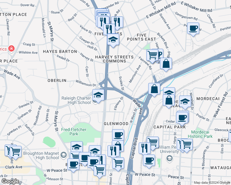 map of restaurants, bars, coffee shops, grocery stores, and more near 505 Wade Avenue in Raleigh