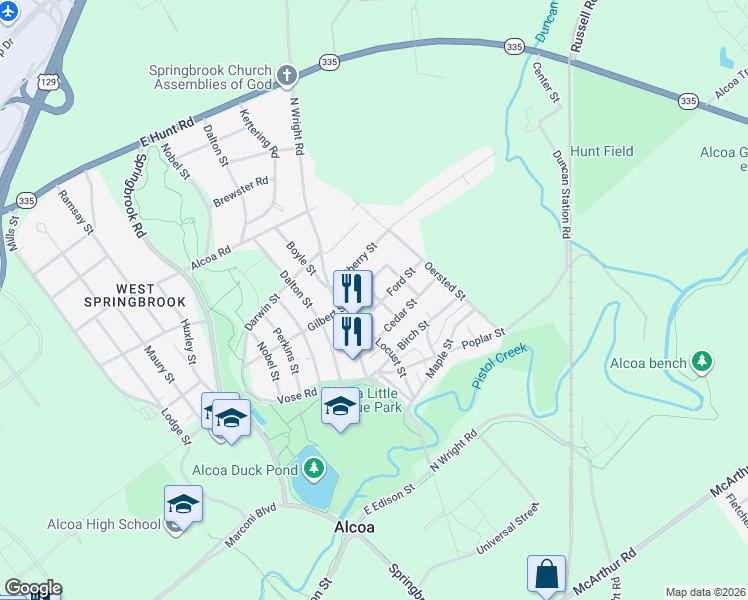 map of restaurants, bars, coffee shops, grocery stores, and more near 843 Ford St in Alcoa