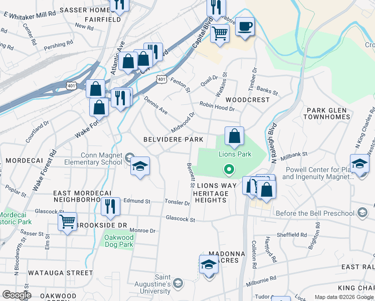 map of restaurants, bars, coffee shops, grocery stores, and more near 1801 Bennett Street in Raleigh