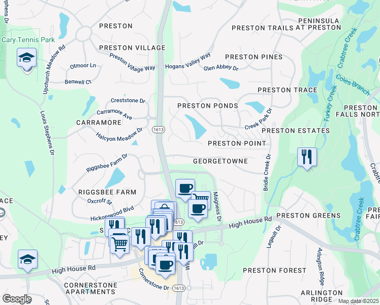 map of restaurants, bars, coffee shops, grocery stores, and more near 115 Council Gap Court in Cary