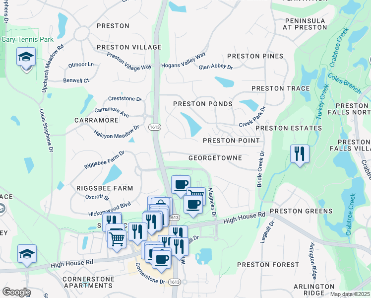 map of restaurants, bars, coffee shops, grocery stores, and more near 115 Council Gap Court in Cary