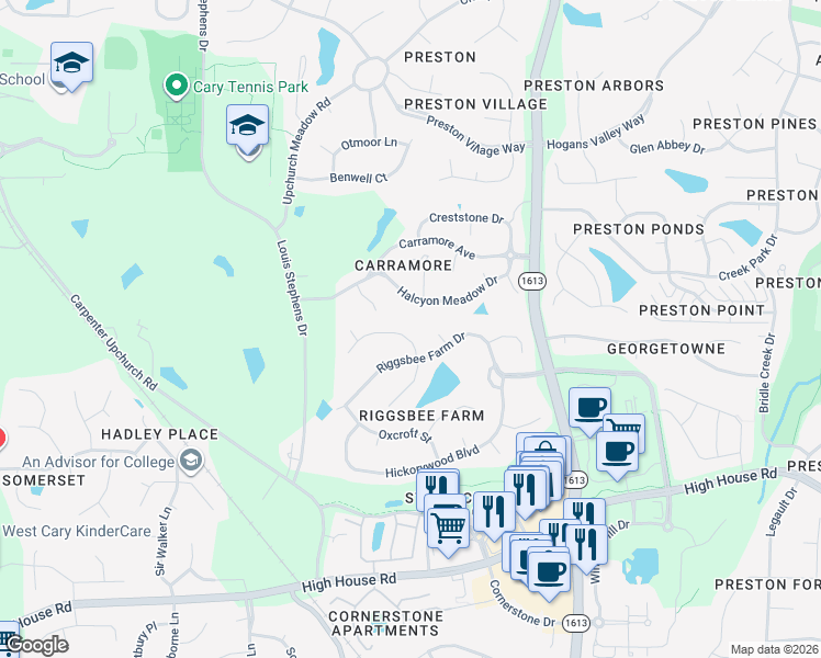 map of restaurants, bars, coffee shops, grocery stores, and more near 106 Sterling Ridge Way in Cary