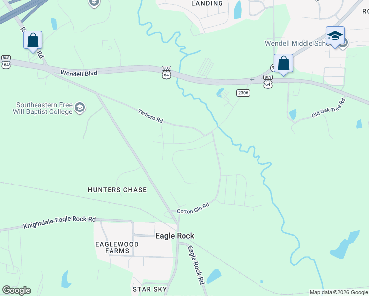 map of restaurants, bars, coffee shops, grocery stores, and more near 313 Old Battle Bridge Road in Wendell