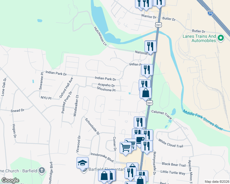 map of restaurants, bars, coffee shops, grocery stores, and more near 323 Shoshone Place in Murfreesboro