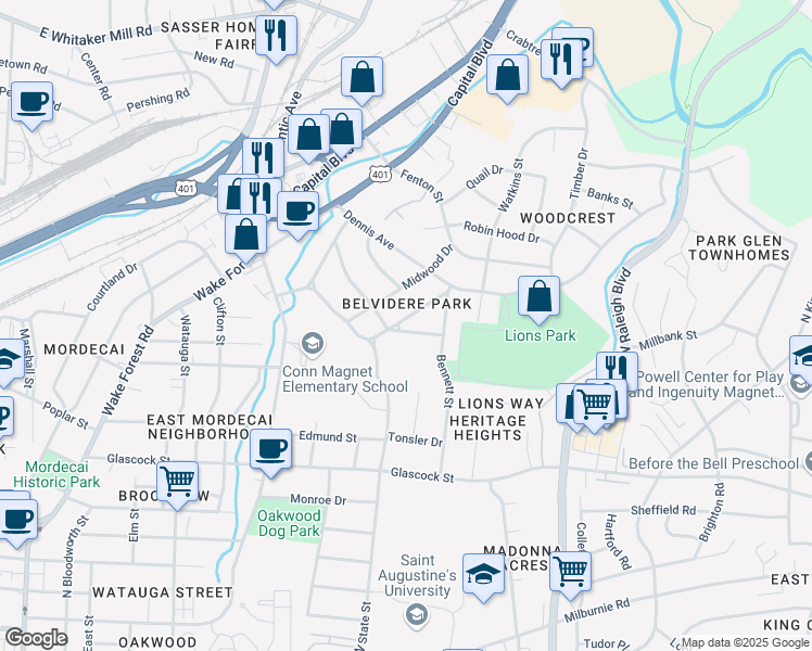 map of restaurants, bars, coffee shops, grocery stores, and more near 1800 Rankin Street in Raleigh