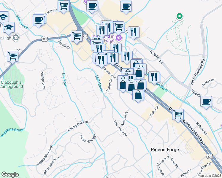 map of restaurants, bars, coffee shops, grocery stores, and more near 2824 Florence Drive in Pigeon Forge