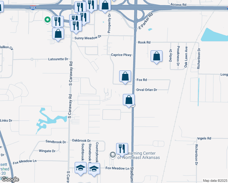 map of restaurants, bars, coffee shops, grocery stores, and more near 2640 Glenn Place in Jonesboro