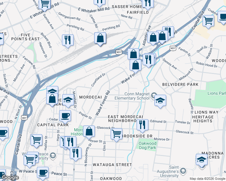 map of restaurants, bars, coffee shops, grocery stores, and more near 1406 Wake Forest Road in Raleigh