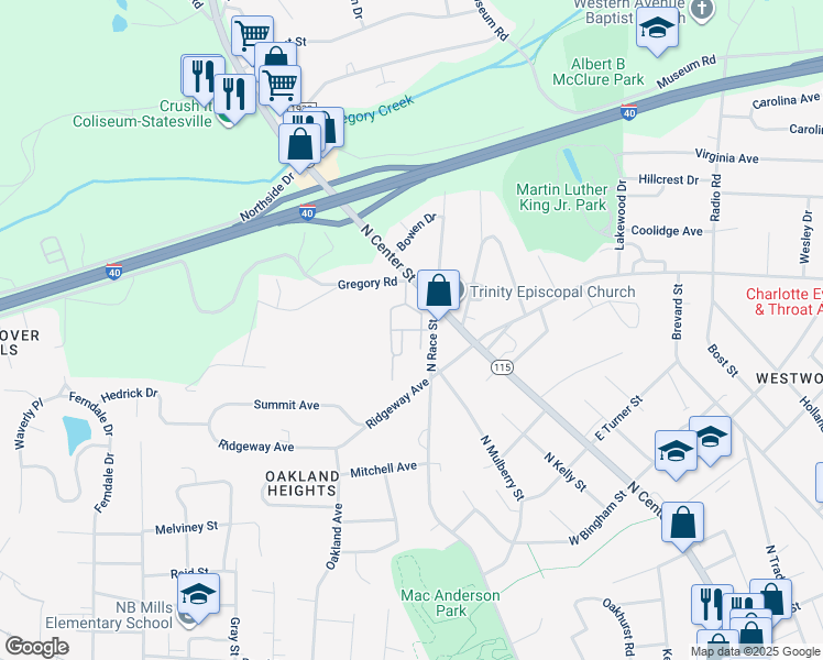 map of restaurants, bars, coffee shops, grocery stores, and more near Hatchery Lane in Statesville