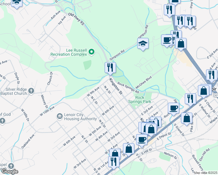 map of restaurants, bars, coffee shops, grocery stores, and more near 901 North A Street in Lenoir City
