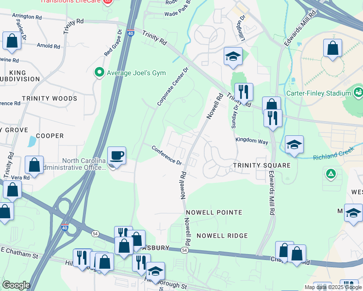 map of restaurants, bars, coffee shops, grocery stores, and more near 1201 Pine Haven Drive in Raleigh