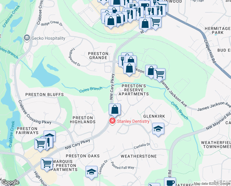 map of restaurants, bars, coffee shops, grocery stores, and more near 310 Berwick Valley Lane in Cary