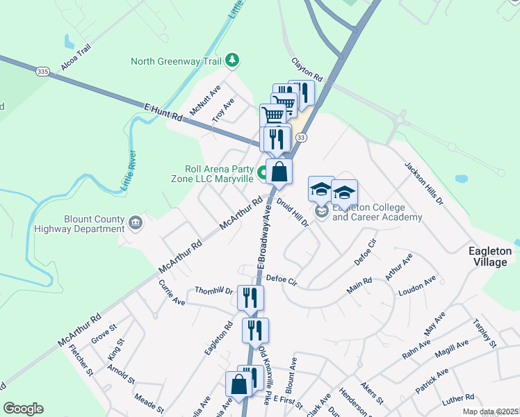 map of restaurants, bars, coffee shops, grocery stores, and more near 2747 East Broadway Avenue in Maryville