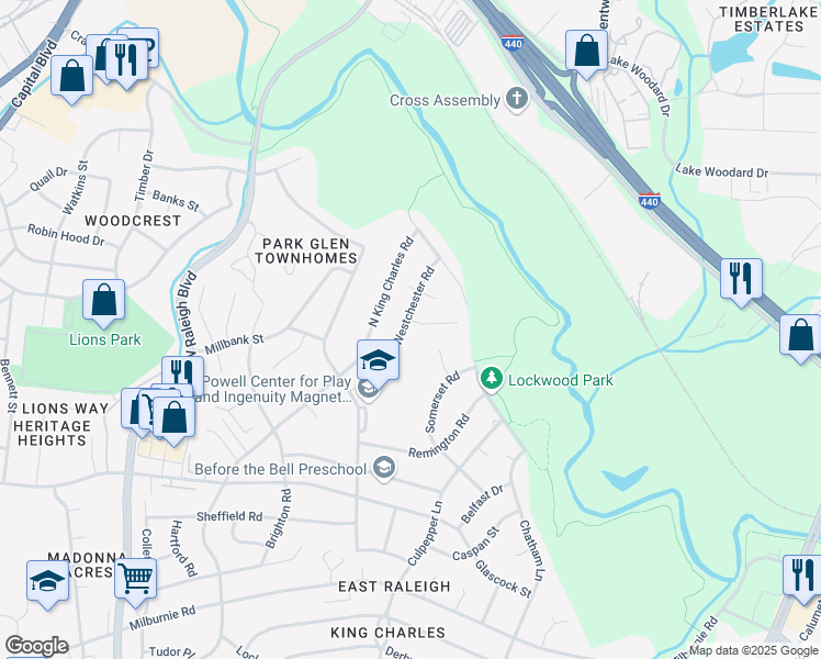 map of restaurants, bars, coffee shops, grocery stores, and more near 1420 Westchester Road in Raleigh