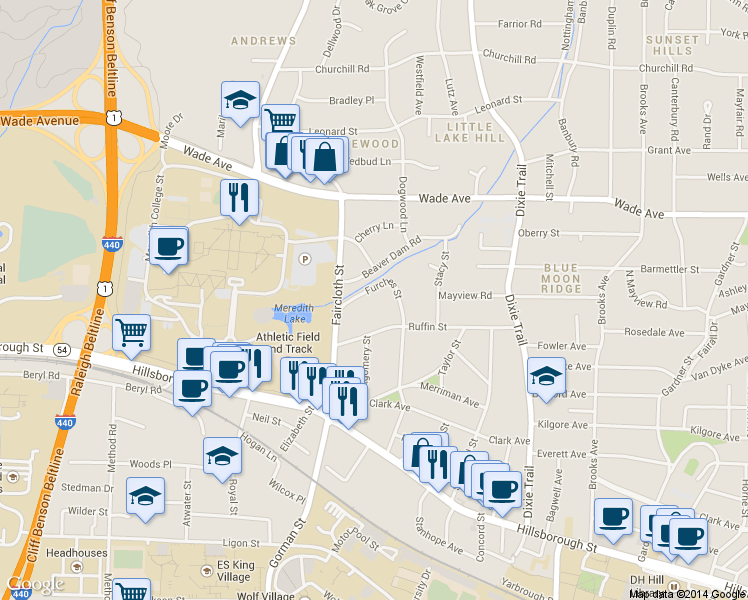 map of restaurants, bars, coffee shops, grocery stores, and more near 403 Furches St in Raleigh